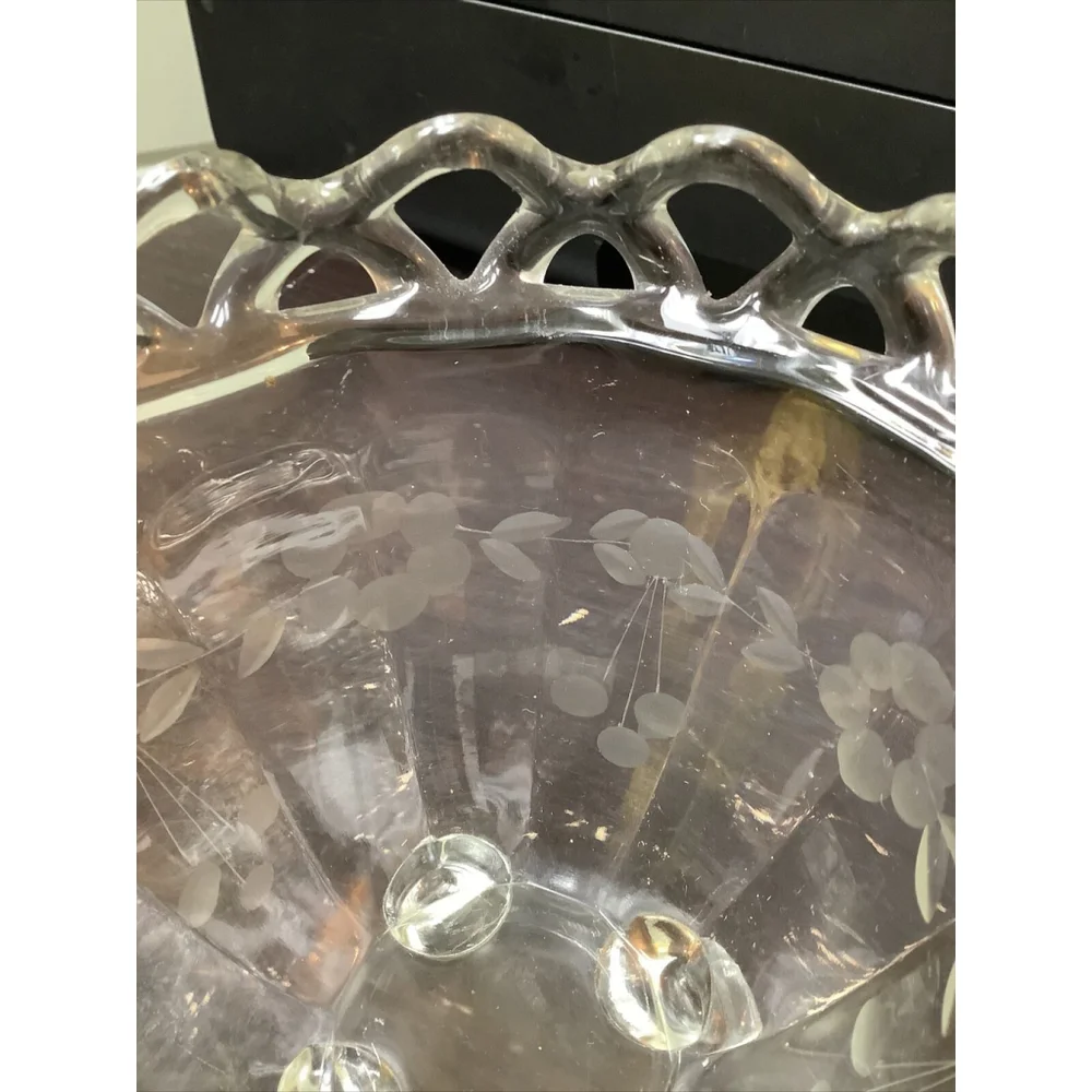 Vintage Glass Etched Floral Crystal 4 Footed Compote Bowl with Lace Top Imperial